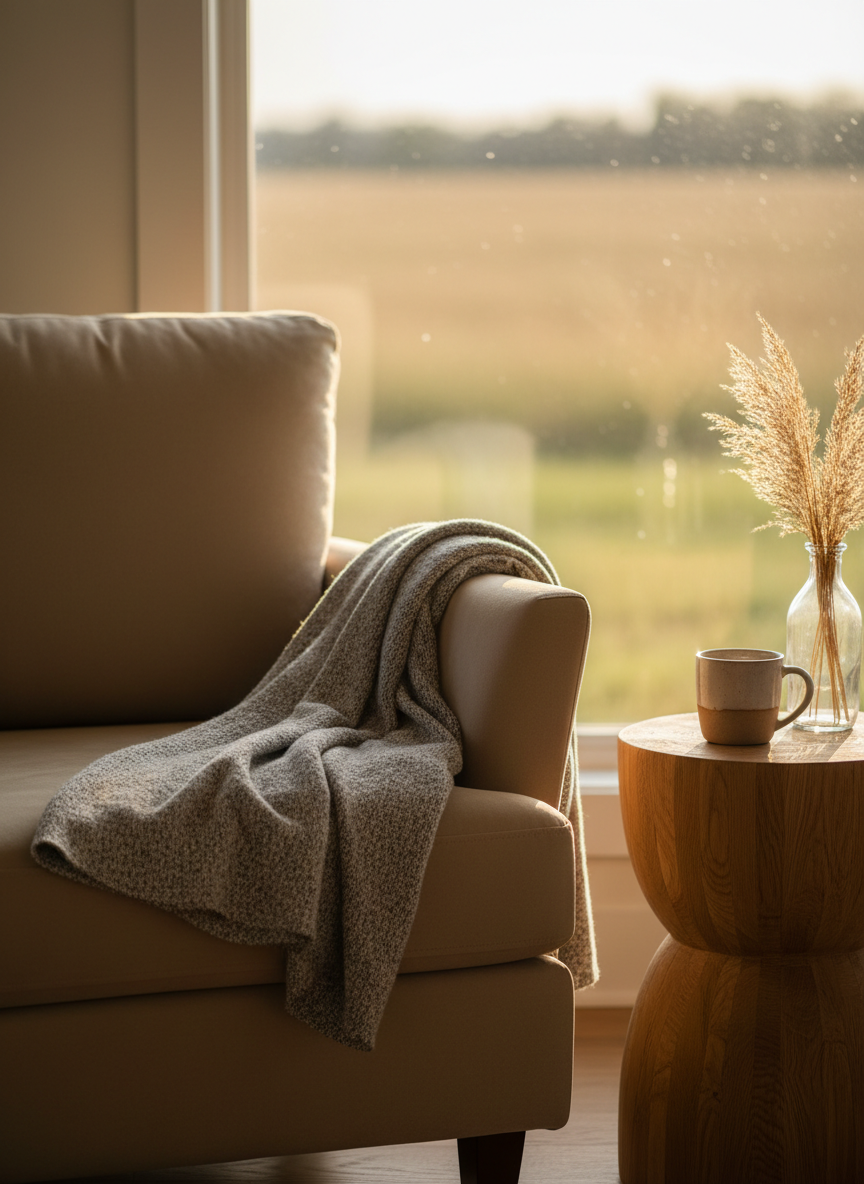 A neatly folded, soft heather-gray throw blanket draped over the arm of a plush, light tan living room armchair, with a small wooden side table nearby holding a ceramic mug and a simple glass vase of prairie grasses. The scene sits beside a large window looking out over a blurred, sunlit field. Warm late-afternoon natural light pours in, casting gentle shadows and a cozy golden glow across the woven fabric. Photographic realism, eye-level composition using the rule of thirds, with a shallow depth of field that keeps the chair and blanket crisp while the background softens into a welcoming, homelike blur, conveying warmth, trust, and quiet companionship.