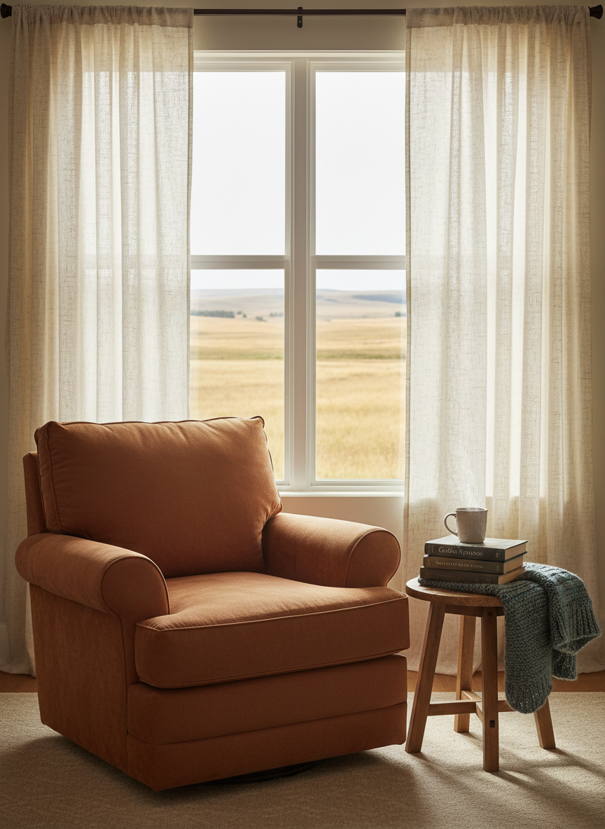 A cozy reading nook with an overstuffed, earth-toned armchair facing a large window framed by lightweight curtains, looking out onto a softly focused prairie landscape. On a small round wooden table beside the chair rests a stack of large-print books, a cup of herbal tea releasing a faint wisp of steam, and a knitted shawl neatly folded, ready to be placed over someone’s shoulders. The scene is lit by soft, natural midday light, diffused by the curtains, creating gentle shadows and a calm, reassuring ambiance. Photographic realism, eye-level perspective, and a clean, uncluttered composition convey patient, attentive in-home caregiving that feels warm, personal, and dignified.