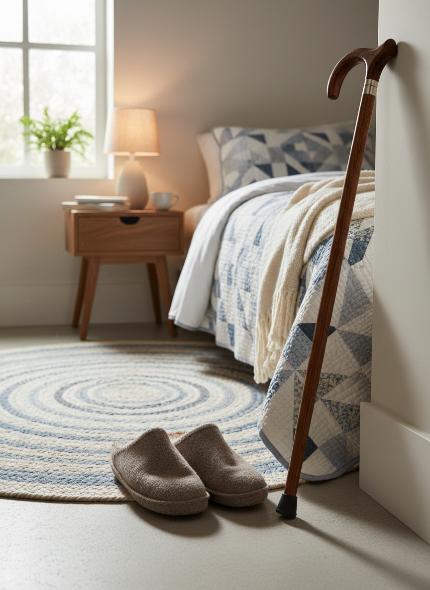 A pair of well-worn, comfortable house slippers positioned next to a supportive wooden walking cane, resting on a braided rug in a tidy hallway of a modern farmhouse-style home. In the background, a soft blanket is folded at the end of a neatly made bed, and a reading lamp glows warmly on a bedside table. The scene is illuminated by diffused morning light streaming through a nearby window, creating soft highlights along the cane’s polished handle and the textured rug. Photographic realism at an eye-level angle, with gentle depth of field, evokes everyday, non-medical caregiving support and the reassuring feeling of being looked after like family.