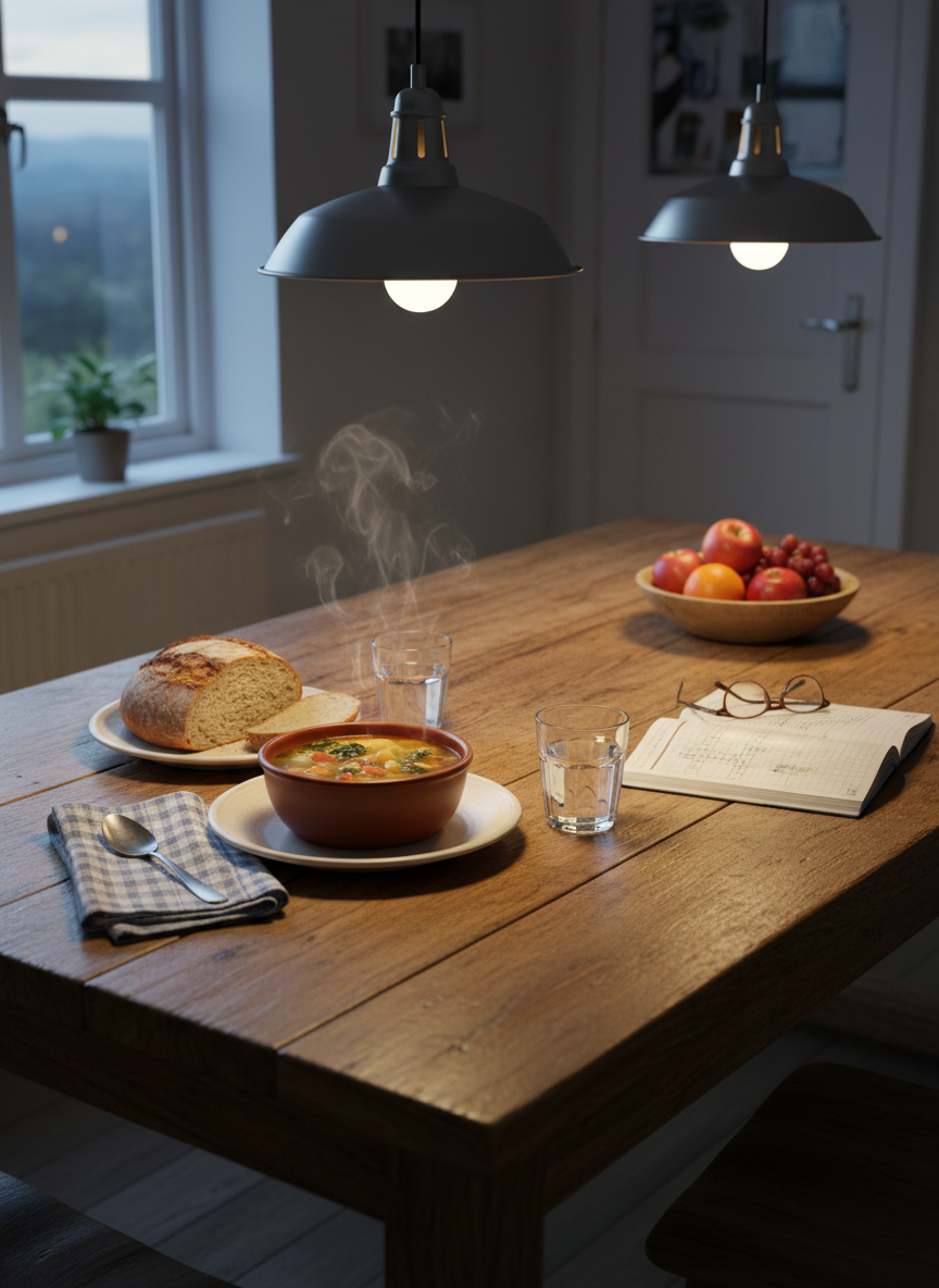 A large, sturdy wooden kitchen table set with a simple home-cooked meal: a steaming bowl of vegetable soup, sliced rustic bread on a ceramic plate, a glass of water, and a folded cloth napkin. Across from the place setting, an open puzzle book, reading glasses, and a small bowl of fresh fruit suggest thoughtful, unhurried companionship. The warm glow of overhead pendant lighting combines with subtle twilight filtering through a nearby window, casting soft reflections on the table’s worn grain. Photographic realism from a slightly elevated angle, with balanced composition and a gentle, inviting atmosphere that emphasizes nurturing, everyday caregiving in a non-clinical, homelike environment.