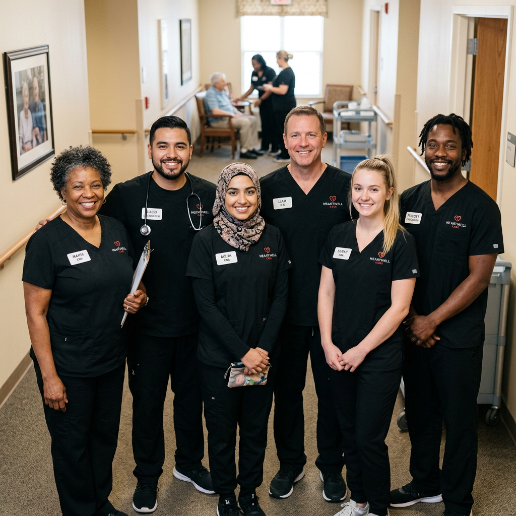 Six healthcare professionals standing together in corridor smiling at camera
