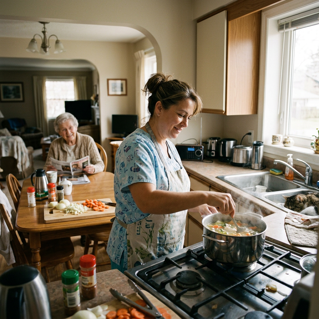 Woman stirring soup on stove with elderly woman reading at table