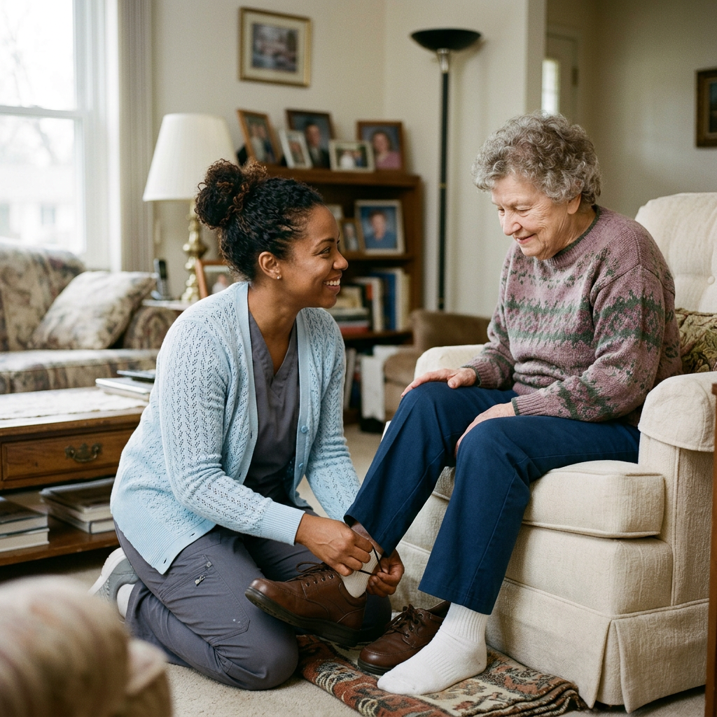 Caregiver kneeling and helping elderly woman put on brown shoe