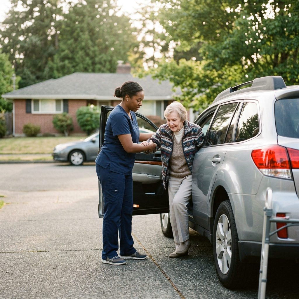 Caregiver assisting elderly woman exiting car in residential driveway
