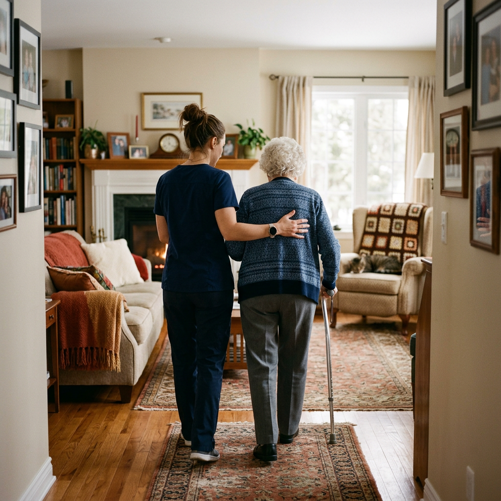 Caregiver assisting elder, back view, cozy living room