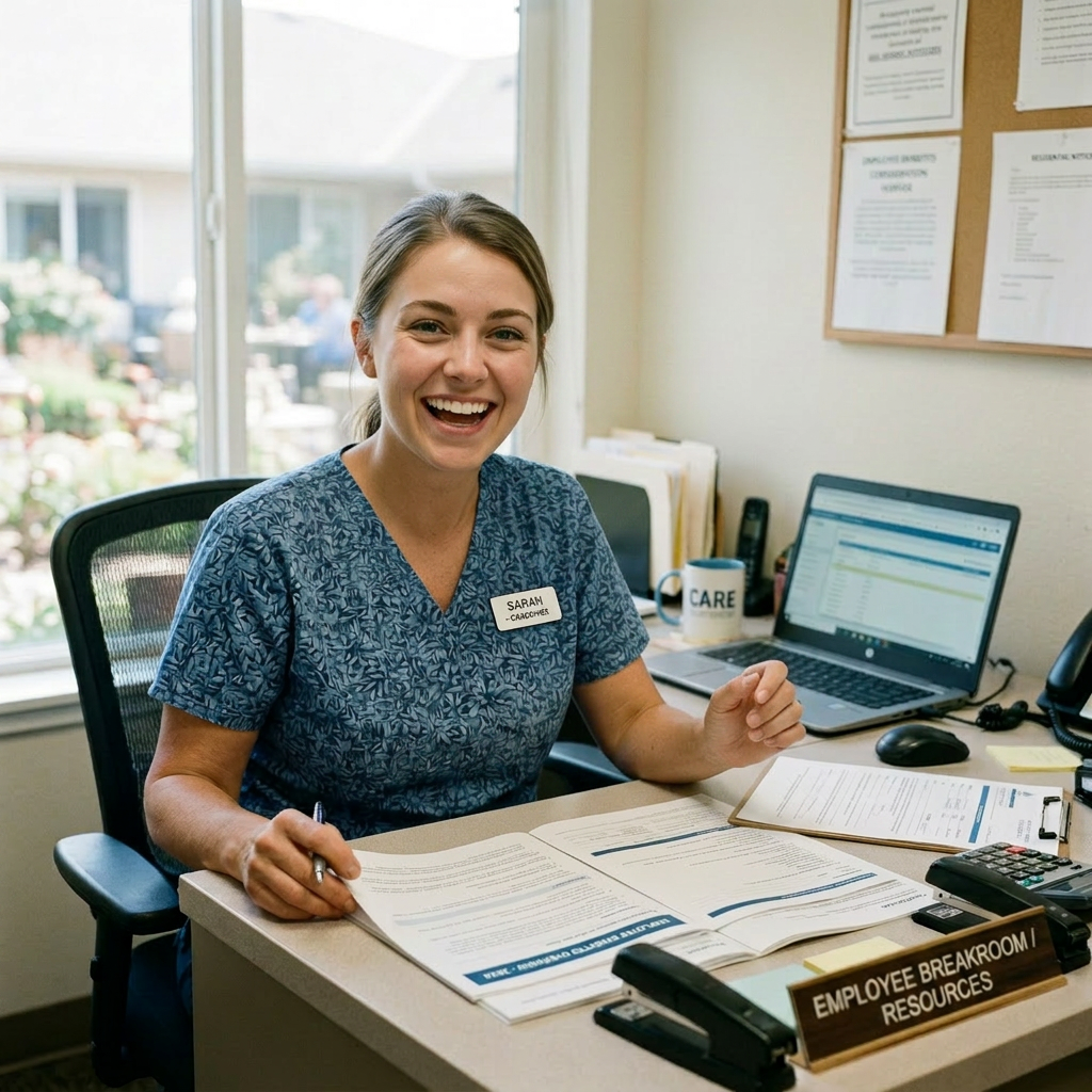 Care coordinator named Sarah reviewing documents at office desk with laptop and files